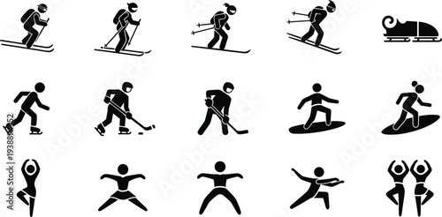 Winter sports and fitness stick figure silhouette set featuring skiing, ice hockey, snowboarding, figure skating, and dancing, isolated vector icons,