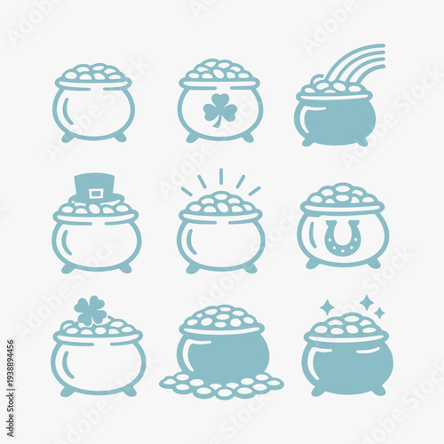 A set of St patricks day pots of gold icons focuses on simplicity, elegance, and ease of recognition. Vector Sign for Logos, Labels, and Icons.