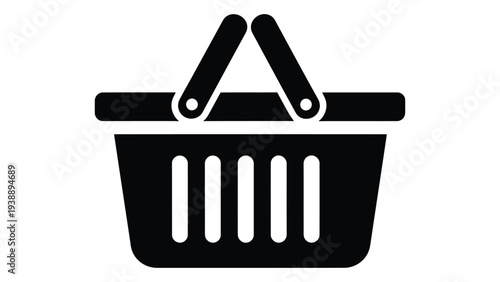 Black plastic grocery basket icon for shopping and storage needs isolated on white background