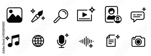 AI generated audio or media icon set, showcasing sparkle star symbols, magic pencil, and generative artificial intelligence tools for music, image generation, and creative technology design.