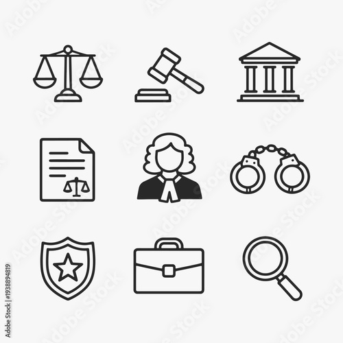 A set of justice and law icons focuses on simplicity, elegance, and ease of recognition. Vector Sign for Logos, Labels, and Icons.