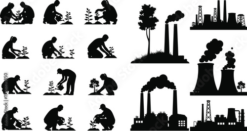 Black and white vector silhouettes of people planting trees and gardening alongside various industrial factory buildings and smoking power plant chimneys