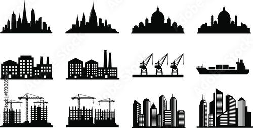 Black and white vector silhouettes of modern city skylines, industrial factories, harbor cranes, construction sites, and cargo ship on isolated background