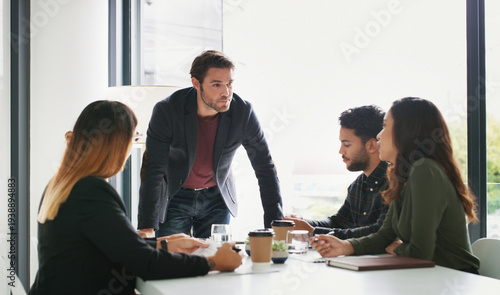 Photos Presentation, office or business man with team for financial proposal, briefing or explain idea