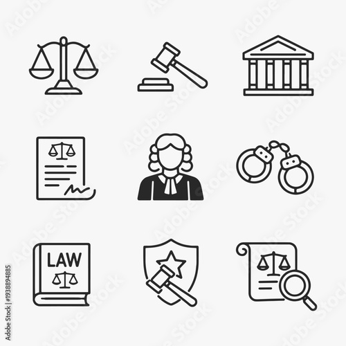 A set of justice and law icons focuses on simplicity, elegance, and ease of recognition. Vector Sign for Logos, Labels, and Icons.