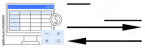 Finance, data management, accounting, business analytics, calculations, budget planning. Computer screen with spreadsheet, calculator icons and dynamic arrows. Finance and data management concept