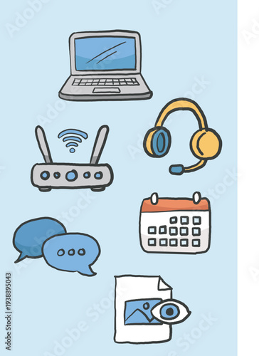 Hand Drawn Everyday Objects Icons Set – Kitchen, Gardening, Coffee, Data, File Management, and Technology Illustration