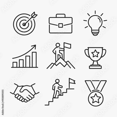 A set of Business and achievement icons focuses on simplicity, elegance, and ease of recognition. Vector Sign for Logos, Labels, and Icons.