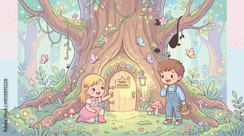 Children Discover Enchanted Fairy Hollow Tree Door