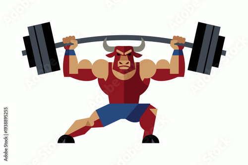 Vector illustration of strong bull man lifting heavy weights in gym for exercise and fitness training