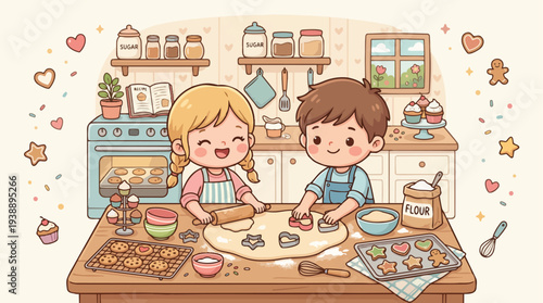 Cute Kids Baking Cookies Together in Kitchen Illustration