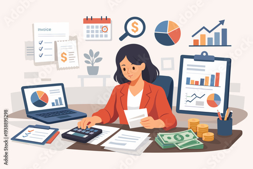 Professional Female Accountant Calculating Tax and Managing Financial Documents at Office Desk with Laptop, Invoices, Money, and Data Charts for Business Bookkeeping and Budget Planning Vector.