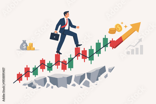 Businessman Walking on a Rising Stock Market Candlestick Chart Over Cracked Ground, High Risk High Return Investment Concept, Financial Growth and Market Volatility, Trading Strategy Illustration