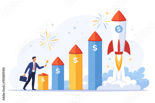 Businessman lighting rocket bar charts representing rapid business growth, investment profit increase, economic boom, career development, financial success, startup launch, and market strategy