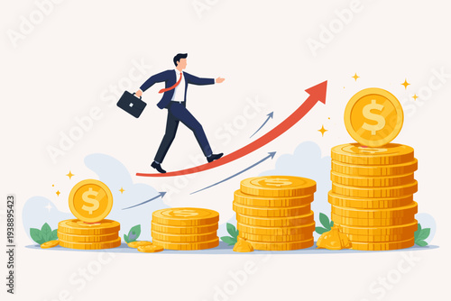 Businessman Walking Up a Rising Arrow Towards Financial Success and Wealth Growth with Stacks of Gold Coins, Concept of Profitable Investment, Career Advancement, and Increasing Personal Income.