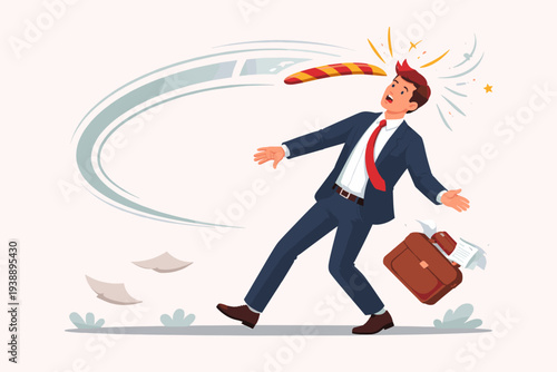 Businessman in Suit Getting Hit in the Head by a Boomerang, Conceptual Illustration of Karma, Consequences of Actions, Backfire, Business Failure, Unexpected Results, and Taking Responsibility