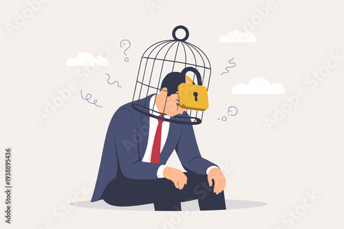 Sad businessman sitting with head inside a locked birdcage, metaphor for mental health, psychological prison, lack of freedom, creativity block, stress, anxiety, and being trapped by own thoughts.