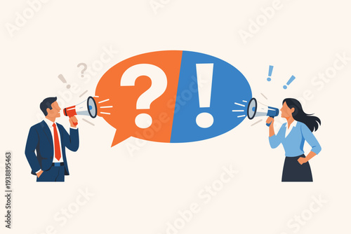 Business People Communicating with Megaphones for Question and Answer Session, FAQ Frequently Asked Questions Concept, Information Exchange, Problem Solving, and Effective Dialogue Vector