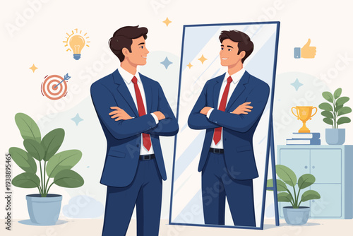 Confident Businessman Looking in Mirror for Self Reflection and Acceptance. Concept of High Self Esteem, Motivation, and Professional Success with Icons of Ideas, Goals, and Achievement.