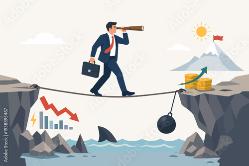 Businessman Walking on Tightrope with Telescope Looking for Opportunity and Profit in Uncertainty, Risk Management and Investment Vision Concept for Financial Success and Growth in Crisis Situation