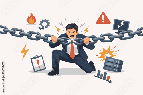 Businessman Holding a Breaking Chain Representing a Single Point of Failure and System Vulnerability with Risk Icons Like Fire, Warning Signs, Server Crashes, and Declining Financial Charts.