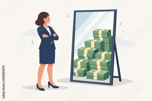 Confident Businesswoman Looking in Mirror Seeing Stacks of Money Reflection, Concept of Self Worth, Financial Success, High Self Esteem, Career Ambition, Personal Value, and Wealth Growth Vector