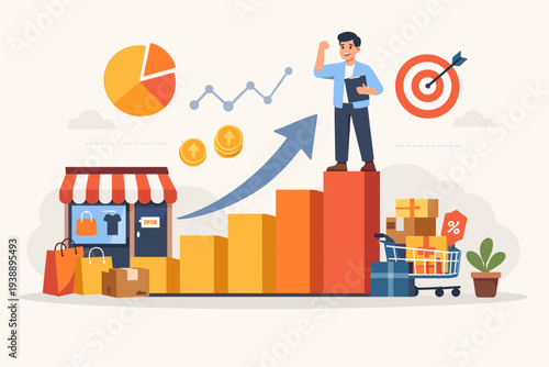 Successful Small Business Entrepreneur Celebrating Retail Store Growth and Marketing Success with Rising Bar Chart, Sales Achievement, Profit Increase, and Online Shopping Commerce Concept Vector