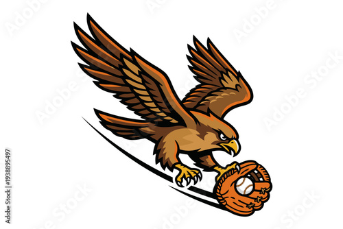 Vector illustration of brown eagle mascot catching baseball with glove in dynamic motion sports graphic design