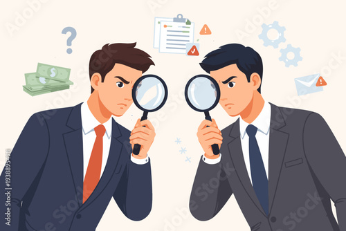 Two suspicious businessmen in suits investigating each other with magnifying glasses, concept of distrust, fraud detection, corporate skepticism, due diligence, and analyzing fake documents.