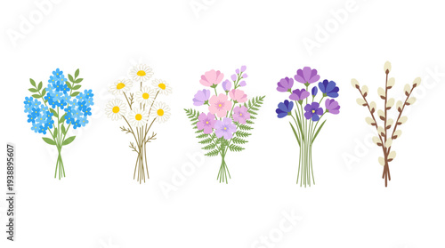 Five watercolor flower sprigs in blue, yellow, pink, purple, and brown dried tones, a decorative botanical illustration for wall art