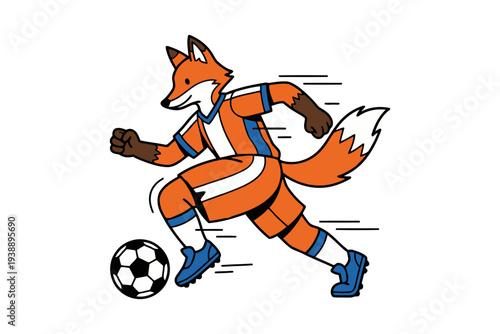 Vector illustration of cartoon fox playing soccer with ball, dynamic sports graphic design for football fans and players