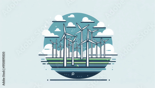 Stylized Wind Farm Illustration for Renewable Energy and Clean Power Generation Concept