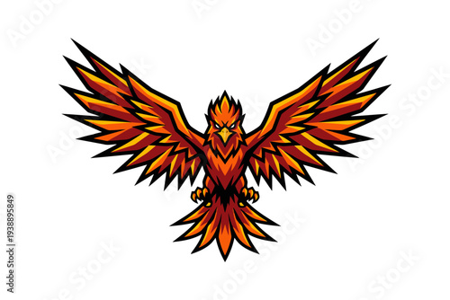 Fierce phoenix bird vector illustration with fiery wings and intense expression design element