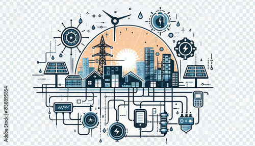 Smart City Sustainable Energy Network Illustration. Green Technology Power Grid Connectivity, Renewable Sources, and Urban Infrastructure Sketch.