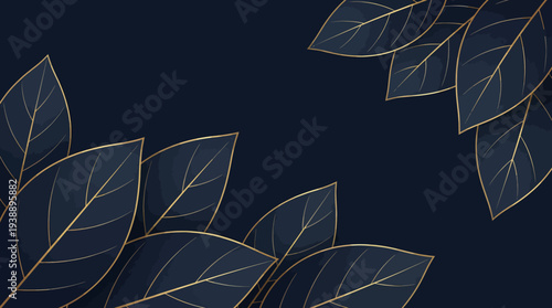Elegant navy background with gold-outlined botanical leaves forming a decorative border for stationery, invitations, branding, and web design.