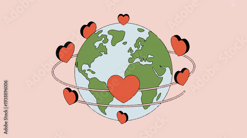 Earth with hearts orbiting symbolizing global love and environmental care on a pink background