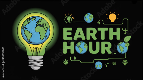Earth hour logo with green globe lightbulb and circuit lines on black background symbolizing environmental awareness and sustainability