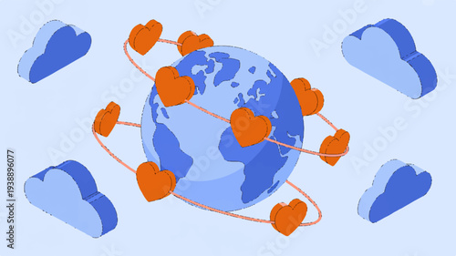 Global love connections hearts orbiting earth symbolizing international relationships and affection