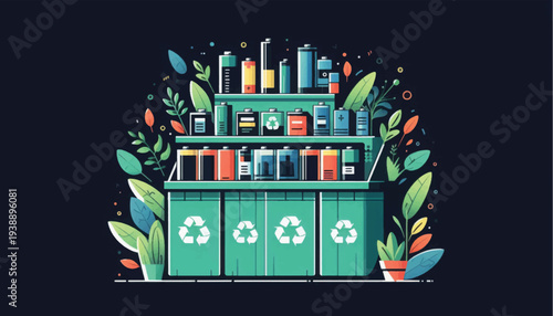 Sustainable Battery Recycling Station Illustration. Eco-friendly hazardous waste management concept with green plants and recycling symbols.