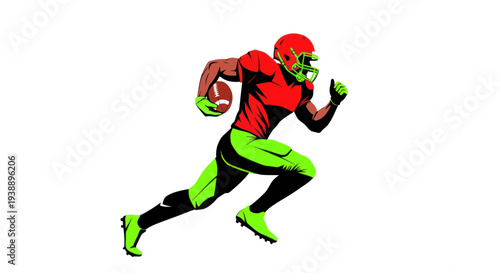 American Football Player Running with Ball, Dynamic Action Pose, Red and Green Uniform