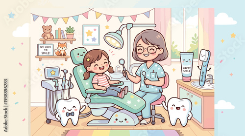 Cute Dentist Visit Illustration with Happy Child and Teeth Characters