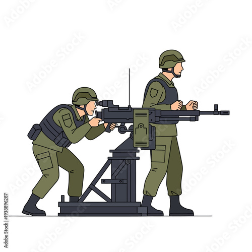 Military soldiers operating heavy machine gun on tripod mount, tactical warfare training