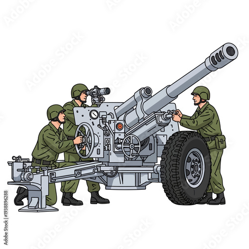 Military soldiers operating a large artillery cannon on a white background