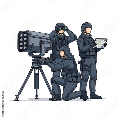 Military team operating advanced missile launcher with tactical tablet and binoculars