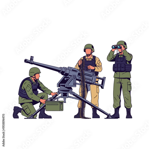 Military Team Operating Heavy Machine Gun with Ammunition and Binoculars