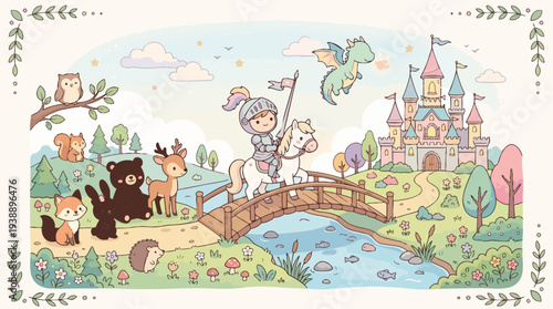 Cute Knight Riding Horse Past Forest Animals to Fairy Tale Castle
