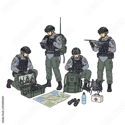 Military Team with Drone, Map, and Equipment for Reconnaissance Mission