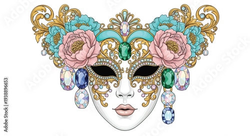 An ornate venetian mask adorned with flowers and sparkling gemstones