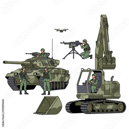 Military vehicles, soldiers, drone, and excavator in camouflage