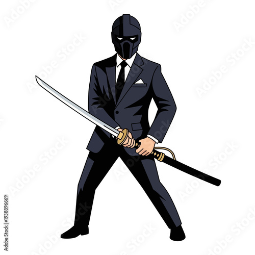 Ninja Businessman with Katana Sword, Stealthy Corporate Warrior in Suit, Professional Assassin